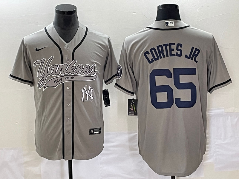 Men's New York Yankees #65 Nestor Cortes Jr. Gray With Patch Cool Base Stitched Baseball Jersey Men's New York Yankees #65 Nestor Cortes Jr. Gray With Patch Cool Base Stitched Baseball Jersey